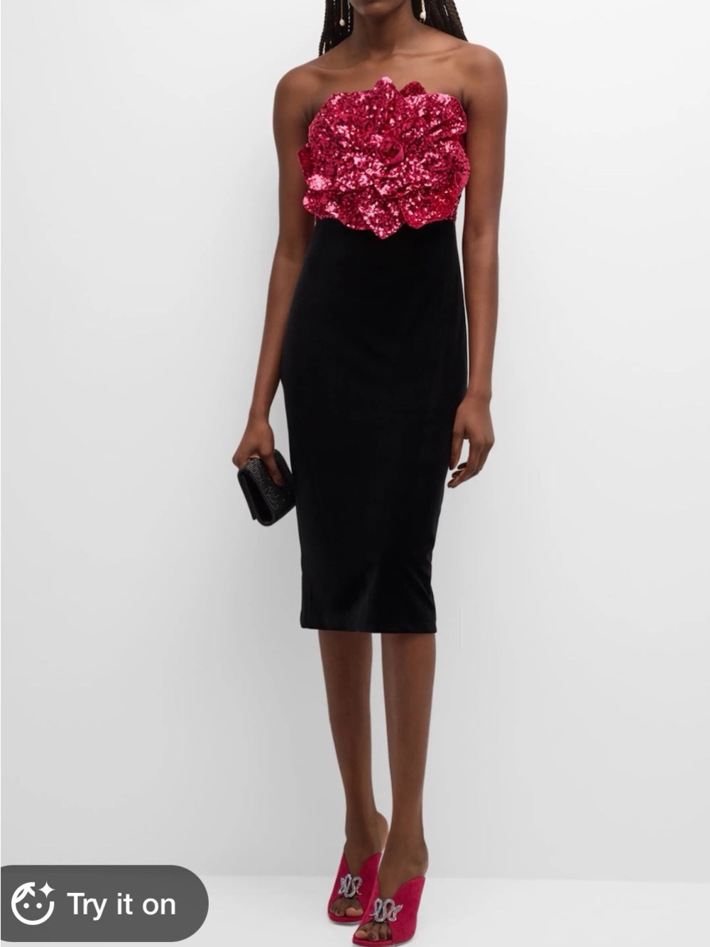Badgley Mischka Strapless Sequin Midi Dress Black & Pink Size 0